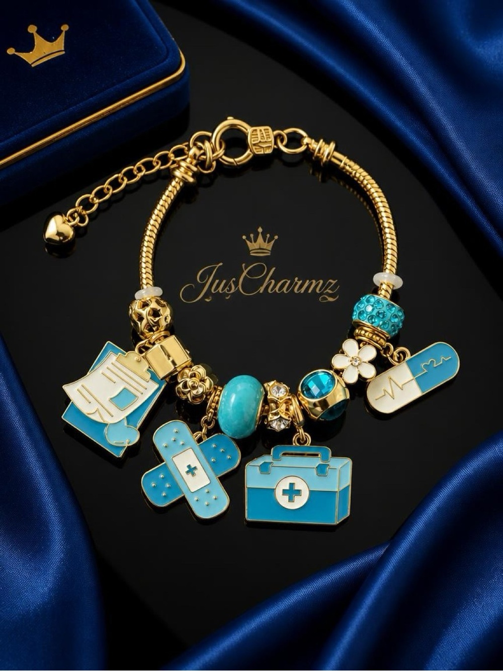 Gold & Turquoise Medical Charm Bracelet